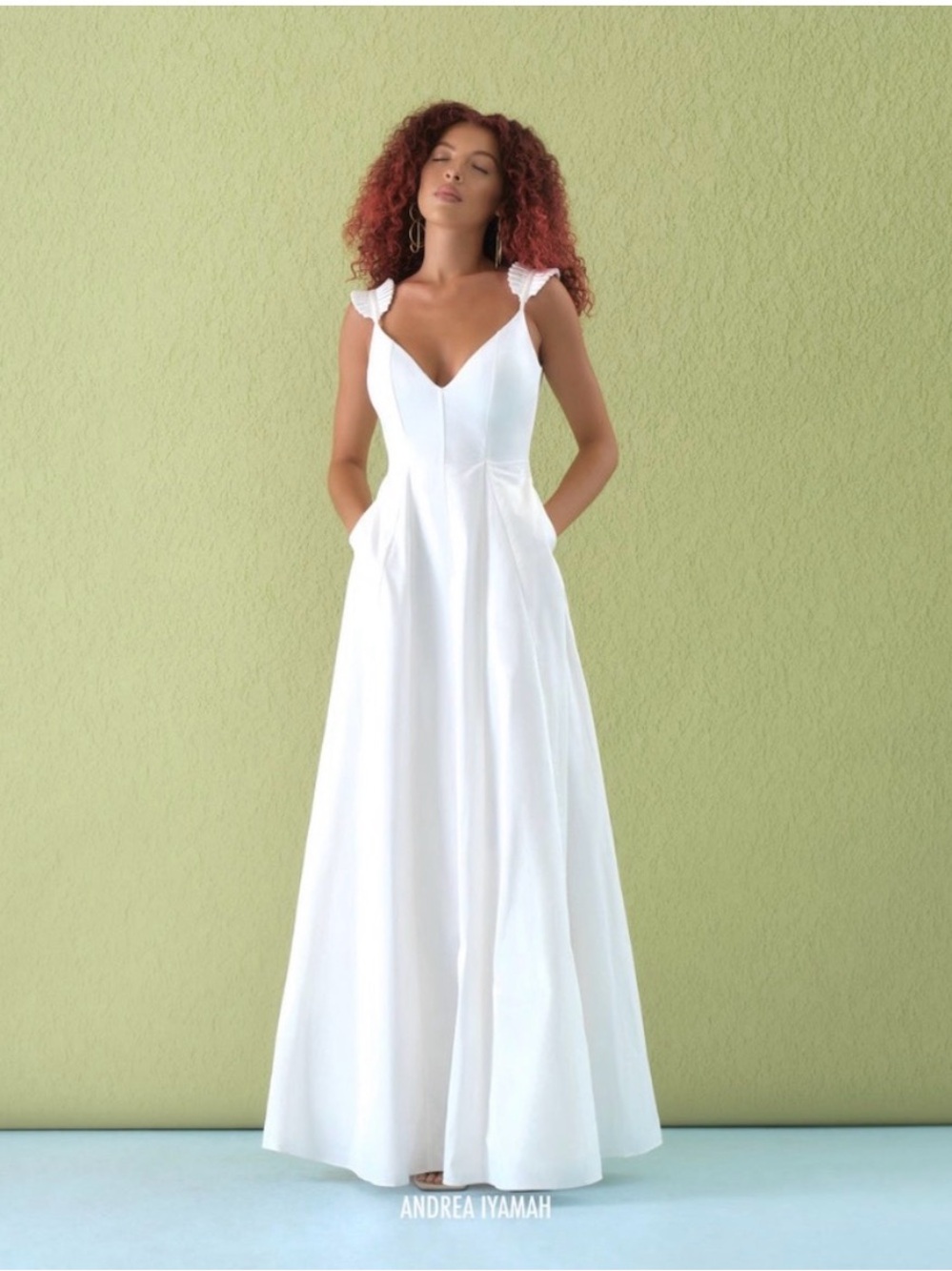 Andrea Iyamah White Ruffled Strap V-Neck Maxi Gown